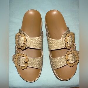 BCBG Tan and Cream Slide Sandals